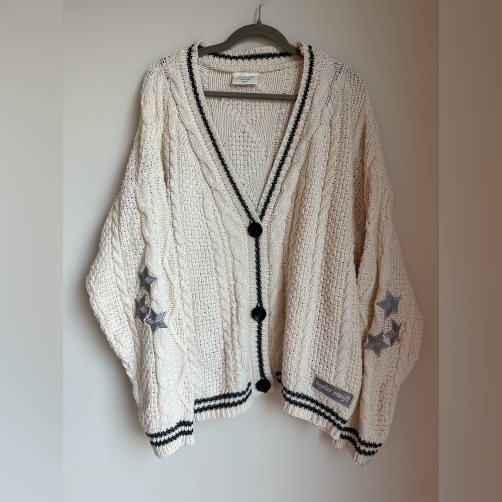 Official Taylor Swift Cream Cable Knit Cardigan with Black Trim and Star Patches